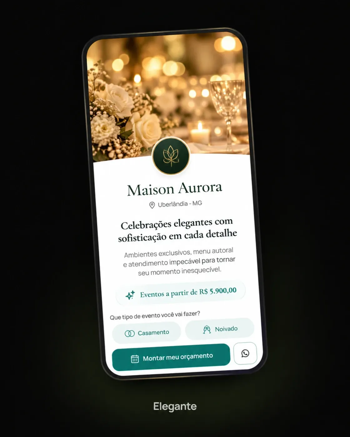 Página de um buffet de exemplo no estilo elegante, vista no celular