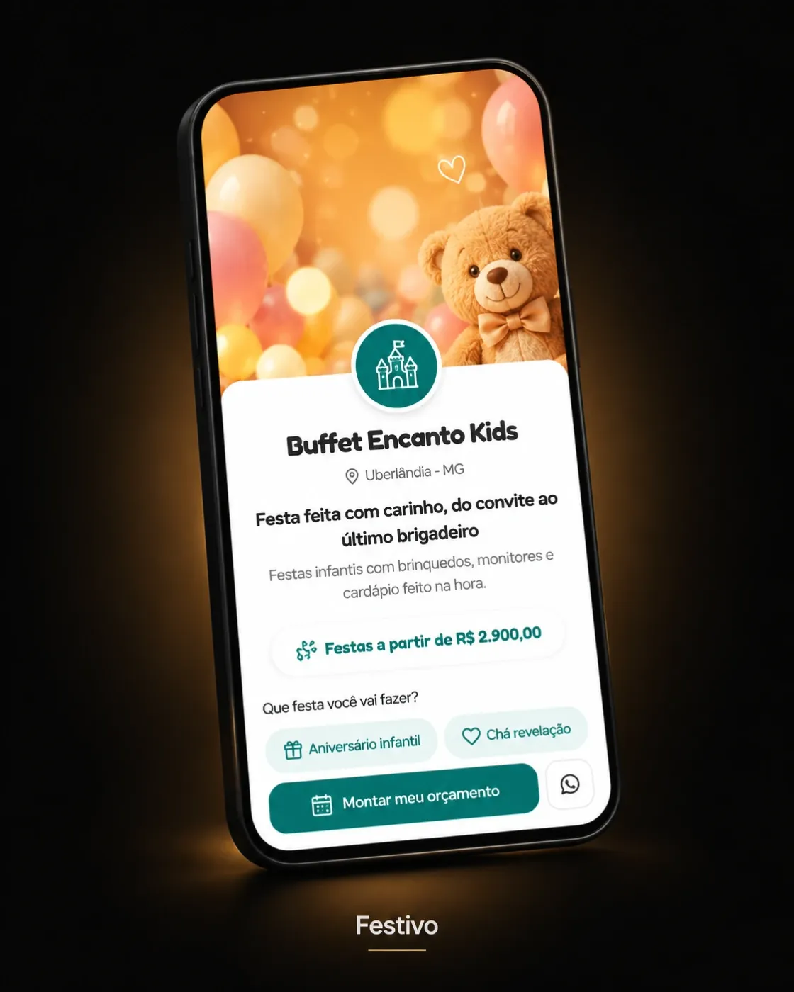 Página de um buffet de exemplo no estilo festivo, vista no celular