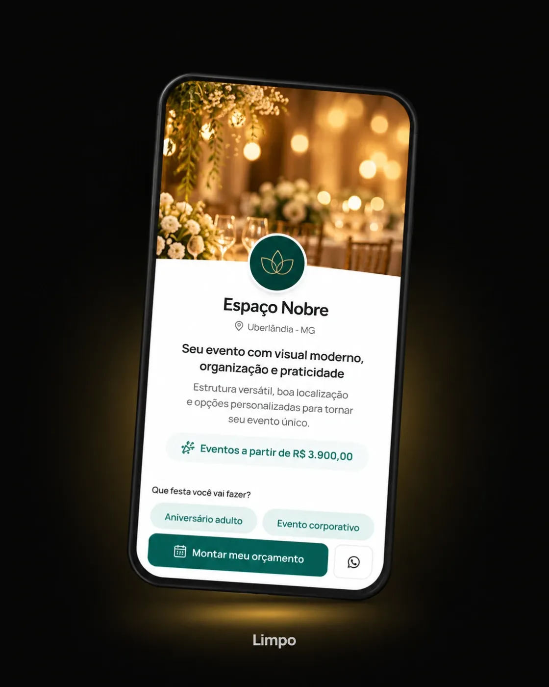 Página de um buffet de exemplo no estilo limpo, vista no celular